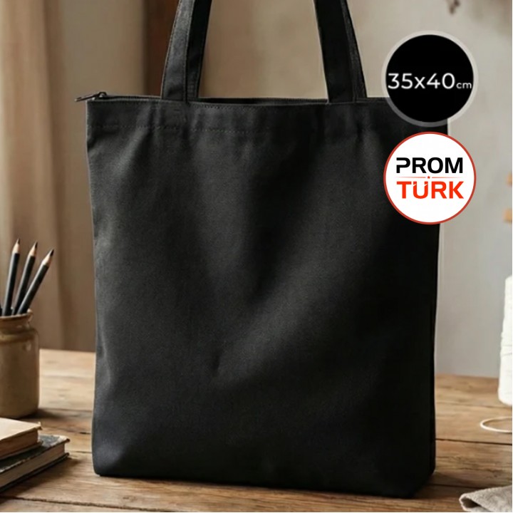 Fermuarlı Siyah Gabardin Bez Çanta 